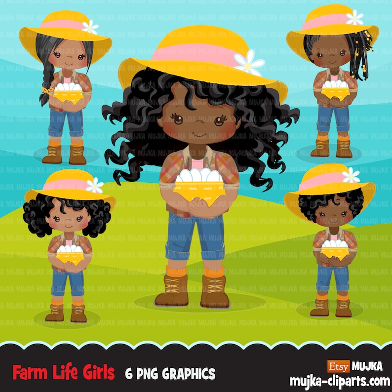 Afro black Farmer Girls clipart, farmer characters with basket of eggs, farmer hat, country graphics, country girl with hat image 1