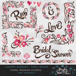 Country Wedding Pink & Brown Florals Clipart Instant Download Wedding Graphics and Wording with Watercolor Textures image 2