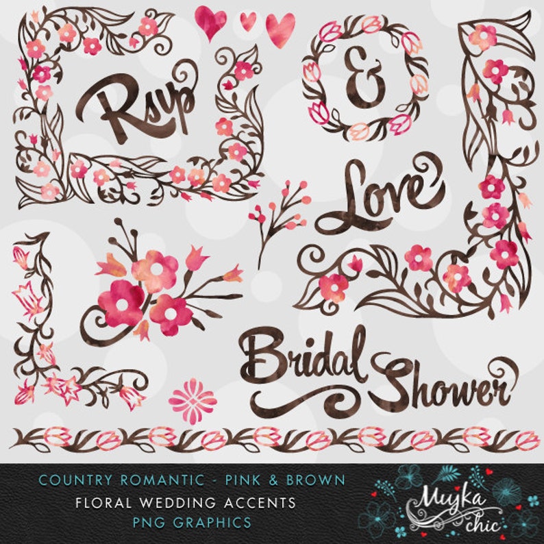 Country Wedding Pink & Brown Florals Clipart Instant Download Wedding Graphics and Wording with Watercolor Textures image 2