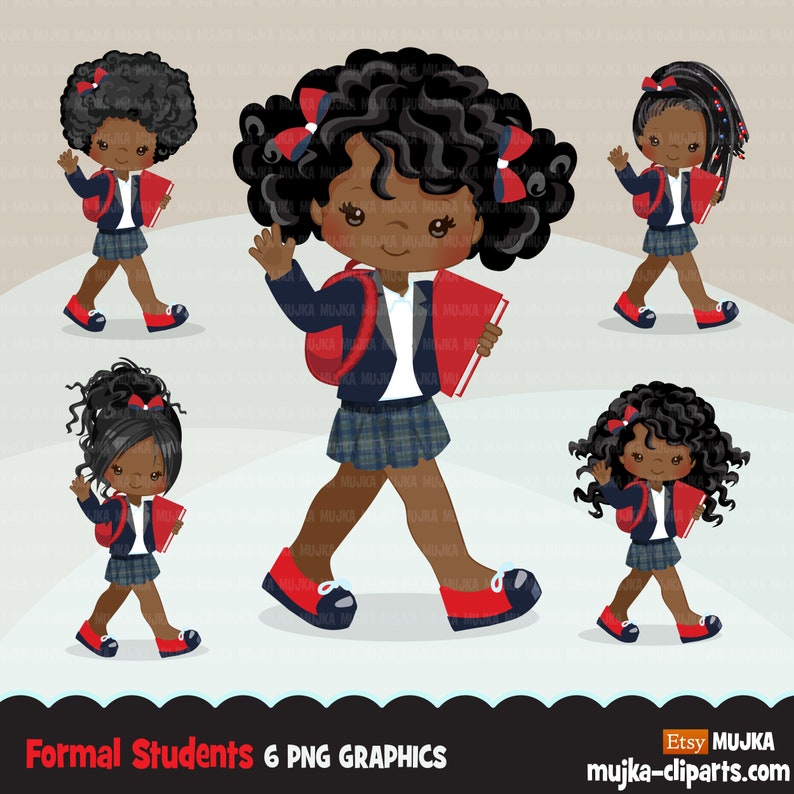 Formal Student clipart, Black Back to School girl character graphics, clip art  , embroidery, activity, education, teaching 