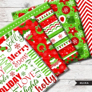 以下が含まれることがあります： クリスマスをテーマにしたデジタルペーパーデザイン6点セット。ペーパーには、雪片、ヒイラギ、オーナメントなど、さまざまなパターンが描かれています。色は赤、緑、白です。