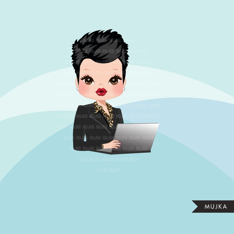 May include: A cartoon illustration of a woman with short black hair wearing a black blazer with a leopard print blouse and using a laptop computer.