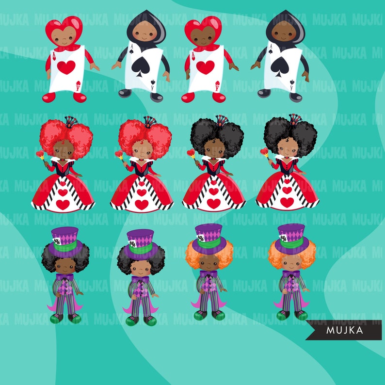 May include: A set of ten digital illustrations featuring characters from Alice in Wonderland. The characters include the Queen of Hearts, the Mad Hatter, and the playing card characters. The illustrations are in a cartoon style and feature bright colours.