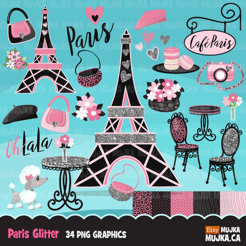 Paris clipart. Glitter pink Paris background, Eiffel tower, cute purse, flowers, french poodle, cafe table, tea party, baby shower, birthday image 1