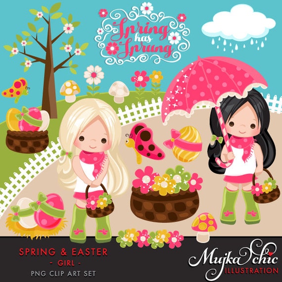 Spring & Easter Cliparts for Girls. Beautiful spring characters, birds, bugs, flowers, spring showers and easter eggs graphics Il_570xn