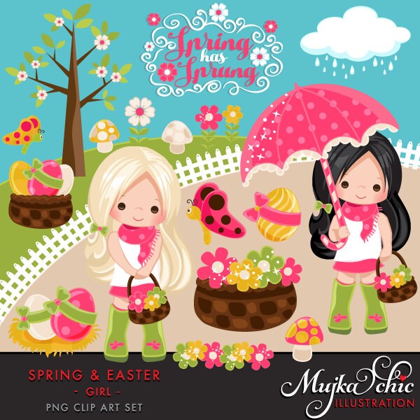 Spring & Easter Cliparts for Girls. Beautiful spring characters, bird…