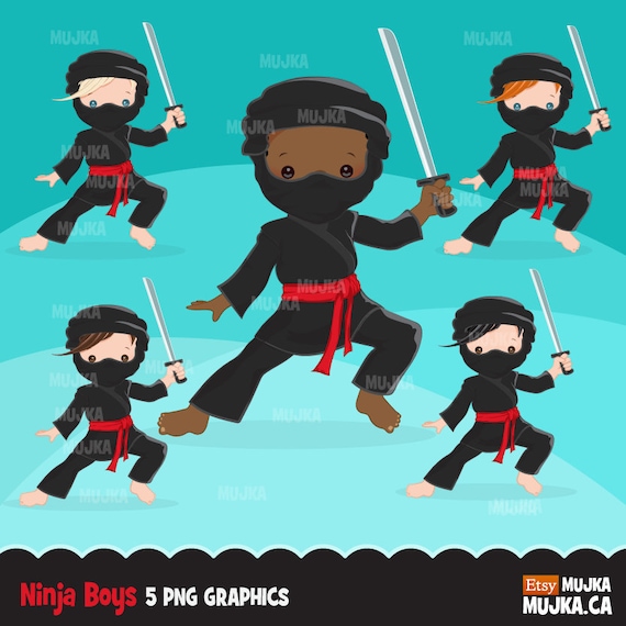 Ninja Clipart. Ninja boys, card making, , embroidery, black characters, asian, martial arts, red belt, sword Il_570xn