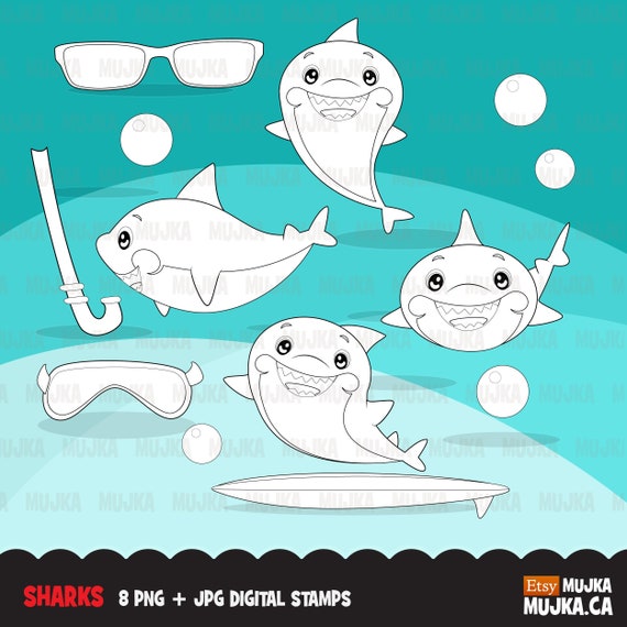 sharks digital stamps cute shark sea animals undersea sea