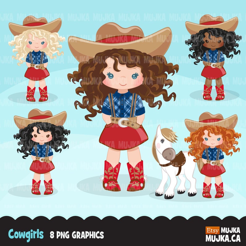 May include: Eight digital illustrations of cowgirls wearing red and blue outfits with cowboy hats and boots.  One illustration features a cowgirl with a brown pony.