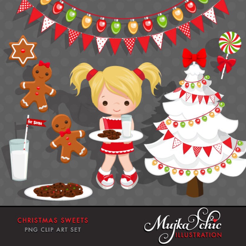 Christmas milk and cookies clipart. Christmas tree, bunting banner, Christmas cookies graphics, lollipop, gingerbread man, cute characters image 1