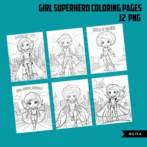 Puede incluir: Un conjunto de 6 p&aacute;ginas para colorear en blanco y negro con superh&eacute;roes femeninas en varias poses. Cada p&aacute;gina incluye un fondo de ciudad y una frase como "Salvando mi ciudad" o "Valiente y valiente".