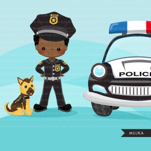K&ouml;nnte beinhalten: Eine Cartoon-Illustration eines schwarzen Polizisten, der eine blaue Uniform mit einem goldenen Stern-Abzeichen und eine schwarze Polizeim&uuml;tze tr&auml;gt. Der Polizist steht mit den H&auml;nden in den H&uuml;ften neben einem schwarzen Polizeiauto mit einem blauen und roten Licht oben. Ein brauner und schwarzer Hund mit einem gelben Polizeimarken sitzt vor dem Polizisten.
