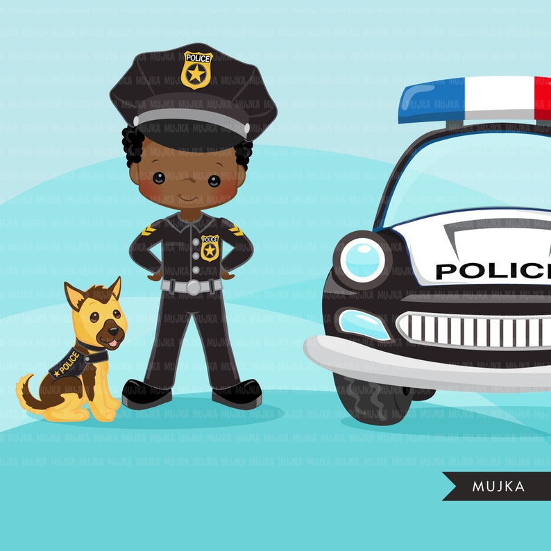 K&ouml;nnte beinhalten: Eine Cartoon-Illustration eines schwarzen Polizisten, der eine blaue Uniform mit einem goldenen Stern-Abzeichen und eine schwarze Polizeim&uuml;tze tr&auml;gt. Der Polizist steht mit den H&auml;nden in den H&uuml;ften neben einem schwarzen Polizeiauto mit einem blauen und roten Licht oben. Ein brauner und schwarzer Hund mit einem gelben Polizeimarken sitzt vor dem Polizisten.