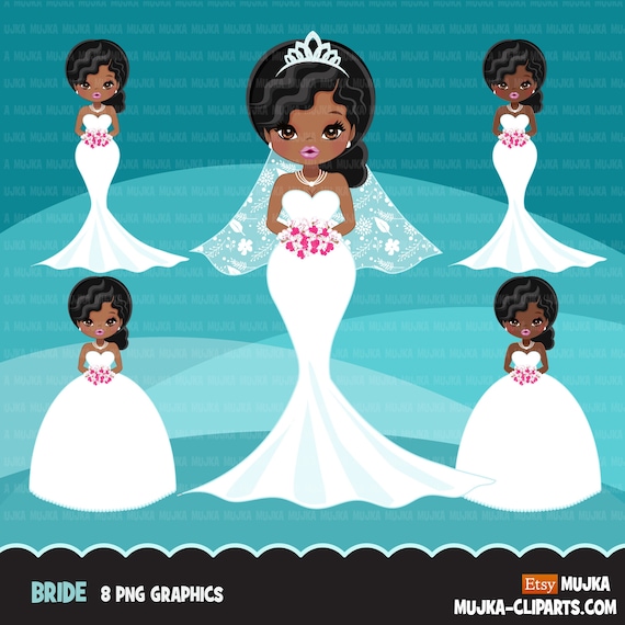 Black Bride avatar clipart, print and cut, wedding graphics, afro girl, african woman, bridal PNG clip art Il_570xn