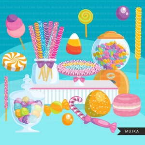 May include: A candy buffet table with a variety of colorful candies, including lollipops, candy canes, gum balls, and chocolate. There are also jars of candy and a cake stand with a swirl design.