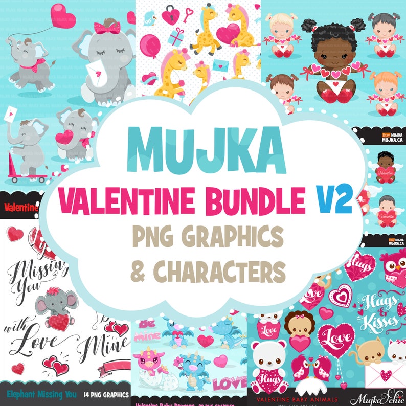 Valentine Clipart Bundle V2. Valentine's day graphics, animals, elephant, giraffe, cupids, dragon Sublimation Designs graphics image 1