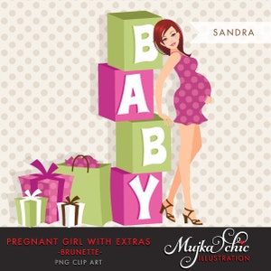 Baby shower Projekt postaci kobiety w ciąży z pudełkami na prezenty i napisami o dziecku. Elegancki projekt postaci na stronę internetową, blog lub media społecznościowe, PNG