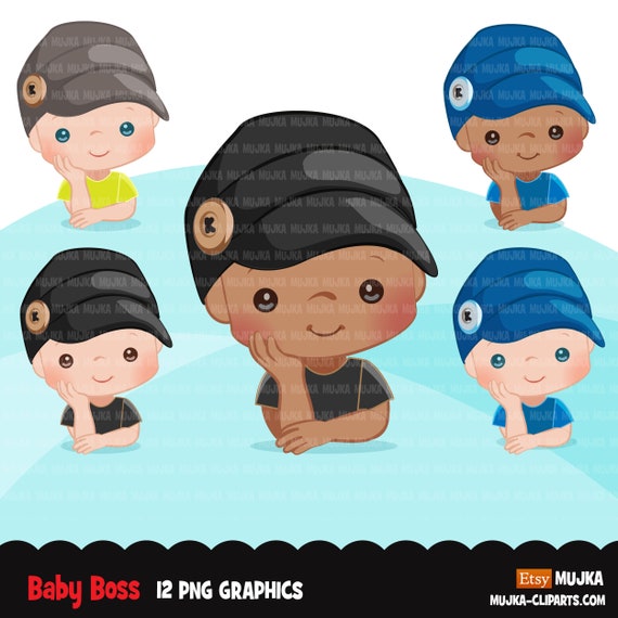 Baby Boss Clipart, boys with cute boss button hat, black baby boy bonnet graphics, Sublimation Designs PNG clip art Il_570xn