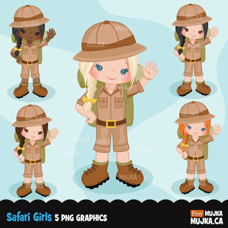 May include: Five digital illustrations of girls dressed in safari outfits. Each girl is wearing a brown safari hat, a brown shirt, brown shorts, and brown boots. They are all carrying green backpacks. The girls have different hair colors and skin tones.