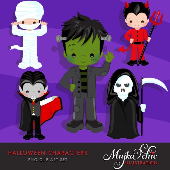 Halloween Characters Clipart. Halloween graphics, Frankenstein, mummy, Dracula, Devil, Reaper character cliparts. Il_570xn