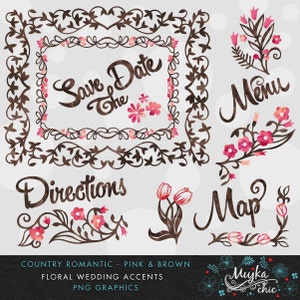 Country Wedding Pink & Brown Florals Clipart Instant Download Wedding Graphics and Wording with Watercolor Textures image 3