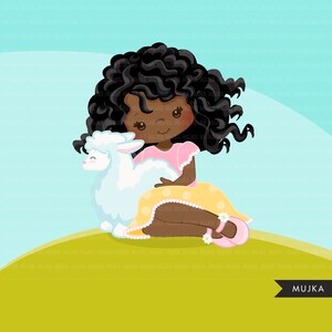 Easter girl with lamb Clipart. Cute spring illustration, Easter animals egg hunt characters, Sublimation Designs, scavenger hunt, afro image 2