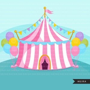 May include: A pink and white striped circus tent with a blue and yellow flag on top. There are colorful balloons tied to the tent poles.