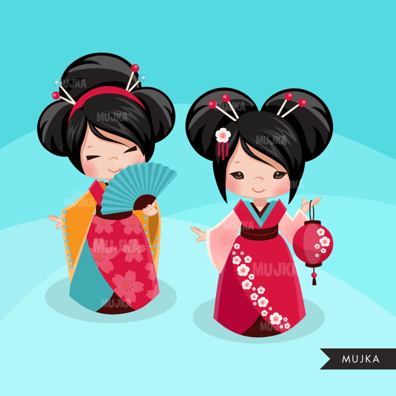 Geisha Japanese Kokeshi Doll clipart traditional Kimono card | Etsy