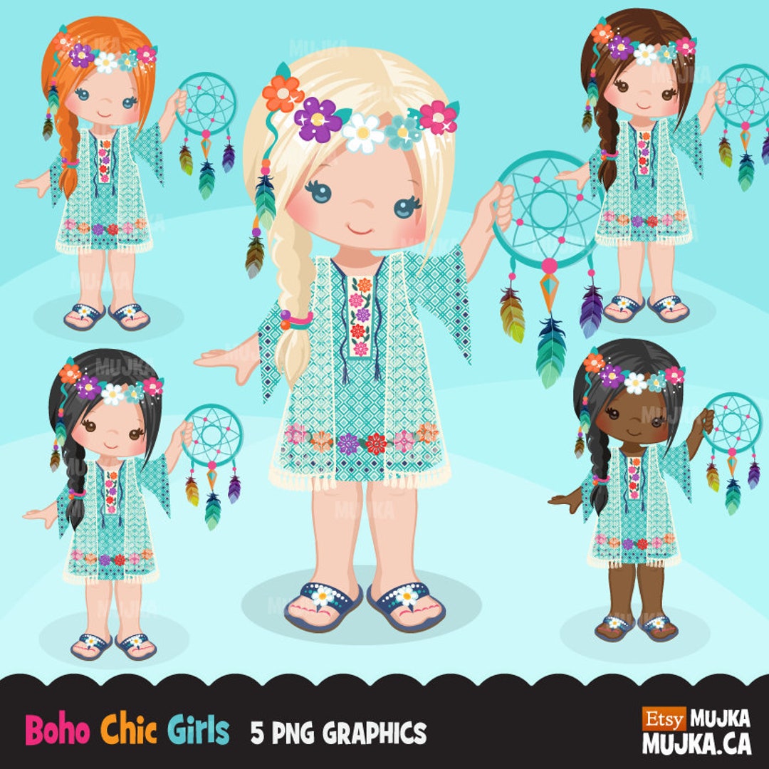 Bohemian Girl Clipart, Boho Chic Characters, Card Making, , Embroidery ...