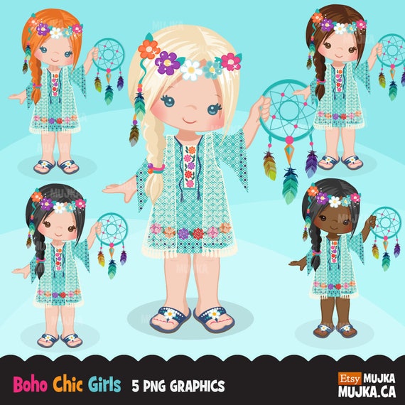 Bohemian Girl clipart, boho chic characters, card making, planner stickers, embroidery, native, tribal, dream catcher, country wild, gypsy Il_570xn