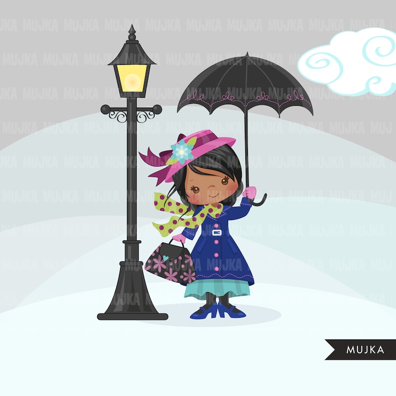 May include: A digital illustration of a girl in a blue coat, pink hat, and holding a black umbrella. She stands near a black lamppost and carries a floral handbag. A green and yellow scarf adds a pop of color. A white cloud floats in the background.
