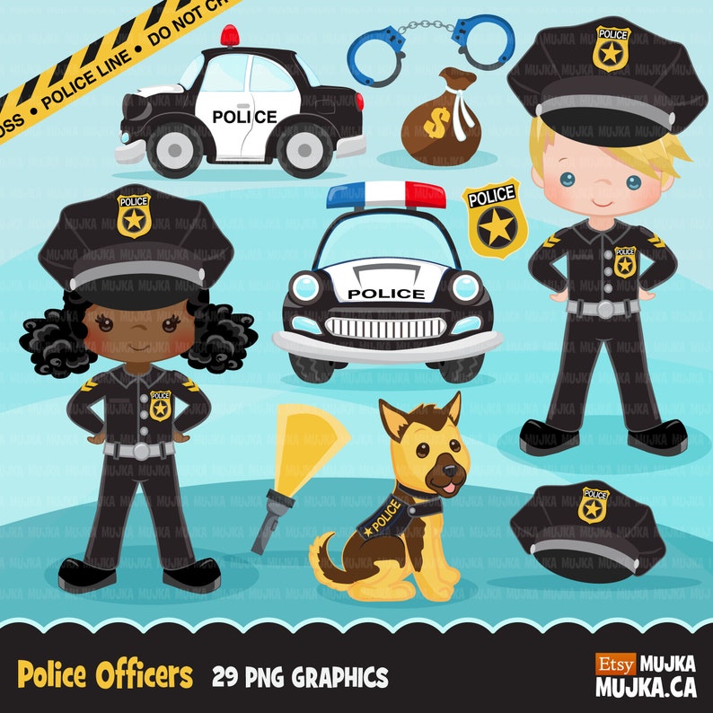 K&ouml;nnte beinhalten: Ein Set mit 29 digitalen Illustrationen mit Polizisten, Polizeiautos, einem Polizeihund, Handschellen, einem Geldbeutel und einer Polizeim&uuml;tze. Die Illustrationen sind im Cartoon-Stil gehalten und eignen sich perfekt zum Erstellen von Bastelarbeiten, Karten und anderen Projekten.