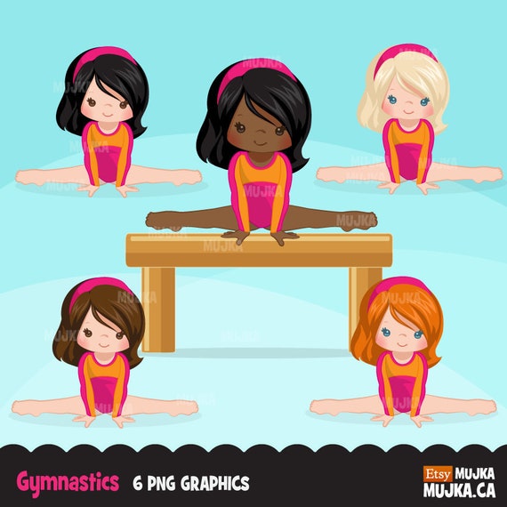 Gymnastics Clipart. Gymnast girls, card making, planner stickers, embroidery, black characters, sports, school activity, graphics Il_570xn
