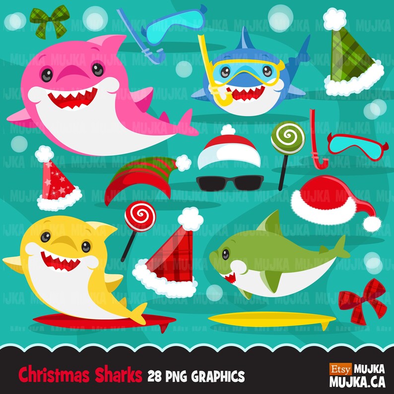 May include: A set of 28 Christmas-themed shark illustrations. The illustrations include pink, yellow, and green sharks wearing Santa hats, elf hats, and other festive accessories. The illustrations are perfect for creating holiday crafts, cards, and decorations.