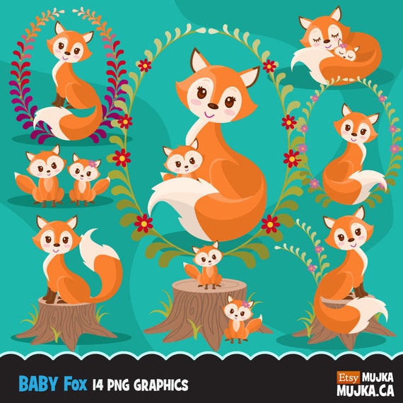 Baby Woodland Fox clipart. Baby fox graphics with cute floral tree. Mother's Day, planner stickers, PNG commercial use, cute animals, floral Il_570xn