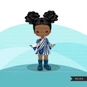 May include: A cartoon illustration of a young girl with dark skin, black hair in two buns, wearing a white and blue patterned dress and blue rain boots. The background is a light blue gradient.