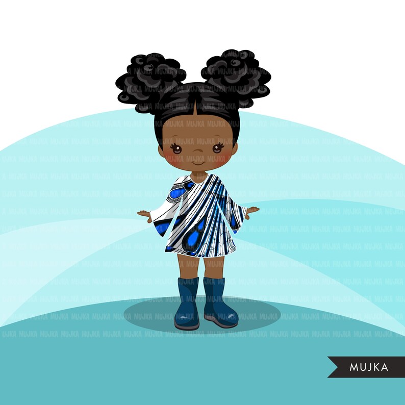 May include: A cartoon illustration of a young girl with dark skin, black hair in two buns, wearing a white and blue patterned dress and blue rain boots. The background is a light blue gradient.