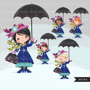 May include: Illustration of several cartoon women in blue coats, hats, and scarves, holding black umbrellas and purses. The purses have a floral design. The hats are pink and purple. The scarves are green with polka dots. The image has the text "MUJKA".