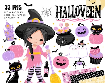 Cute Halloween PNG, DTF print, Halloween witch clipart, Sublimation designs, Halloween bundle, Pastel Halloween, Jackolantern Digital papers