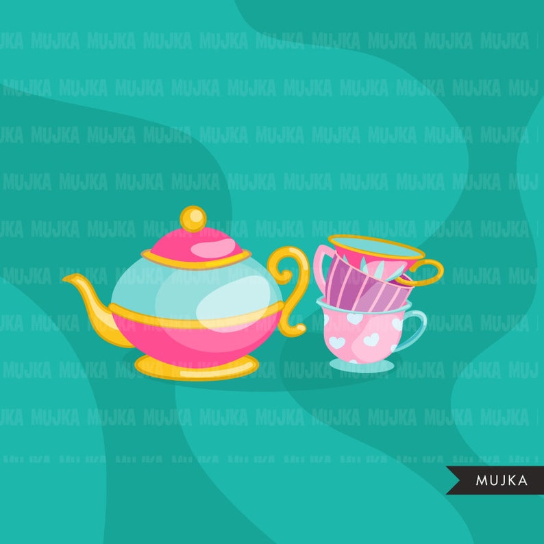 May include: A whimsical illustration of a pink and yellow teapot with a stack of teacups. The teacups are pink and white, with heart and striped patterns. The background is teal with the word "MUJKA" in the bottom right corner.