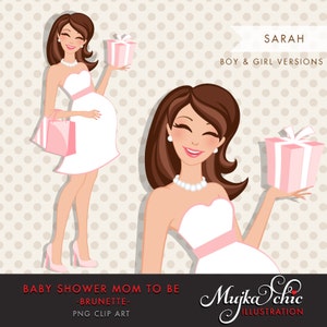 Brunetka ciężarna mama clipart na Baby Shower i zaproszenia na przyjęcie. Ciężarna kobieta stojąca z torbami na prezenty clipart. Pastelowy róż i turkus.