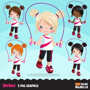 May include: Five digital illustrations of girls jumping rope. Each girl has a different hair color and skin tone. The girls are wearing white tank tops with pink stripes, black pants, and pink sneakers. The jump ropes are purple.