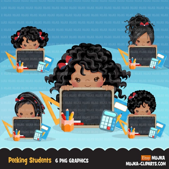 Back to school clipart peeking afro students Afro Girl students black board, Education, teaching graphics, PRE-K, grade 1 Il_570xn