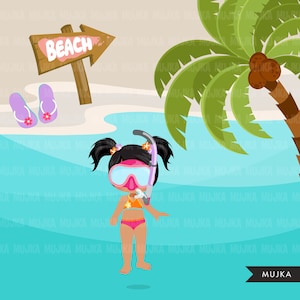 Peut inclure: Une illustration de dessin anim&eacute; d'une fille portant un maillot de bain rose et un masque de plong&eacute;e rose avec un tuba. Elle se tient dans l'oc&eacute;an avec un palmier et un panneau indiquant "BEACH" en arri&egrave;re-plan.