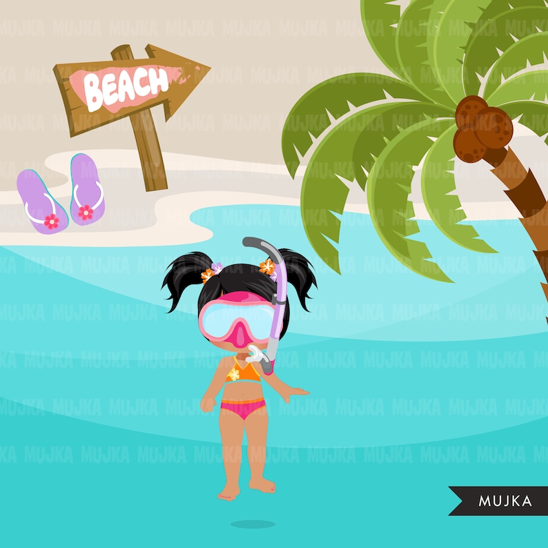 Peut inclure: Une illustration de dessin anim&eacute; d'une fille portant un maillot de bain rose et un masque de plong&eacute;e rose avec un tuba. Elle se tient dans l'oc&eacute;an avec un palmier et un panneau indiquant "BEACH" en arri&egrave;re-plan.