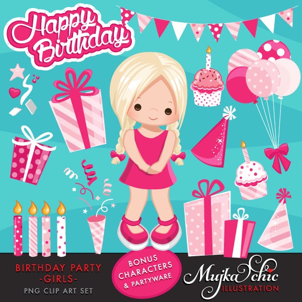 Girls Birthday Party Clipart with Cute characters, birthday cake, bal…
