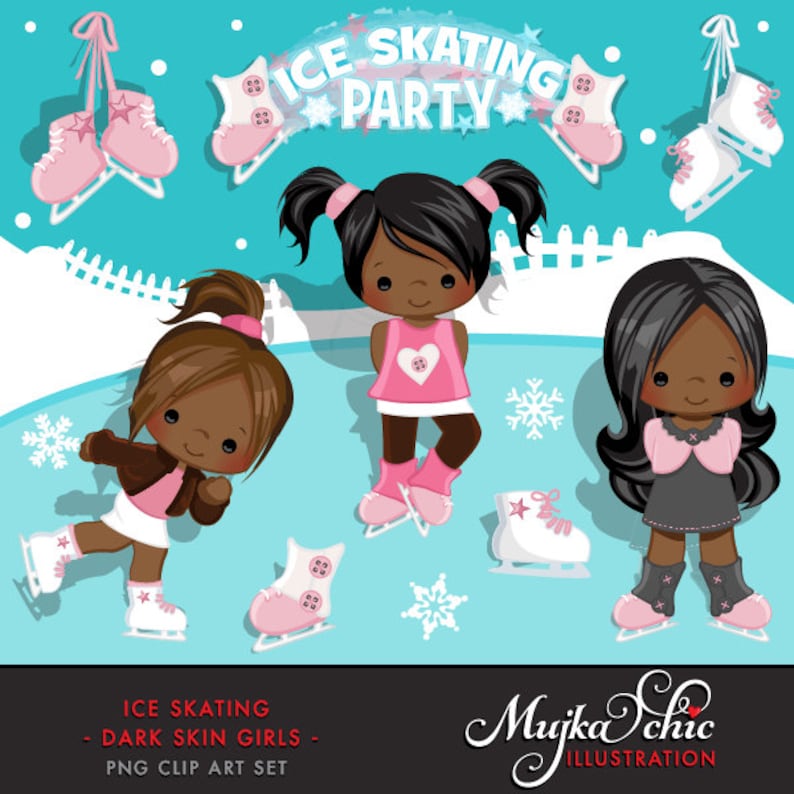 Ice Skating png, black girls ice skating Clipart, Winter Outdoor Graphics, cute black girl png, ice skating birthday party designs image 1
