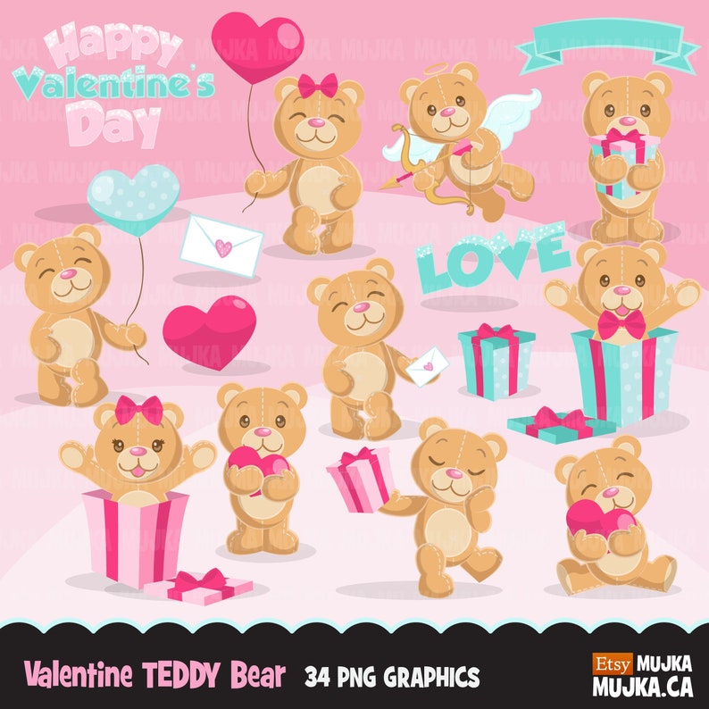 Valentine's Day Teddy bear clipart. Cute teddy graphics, love, valentine animals, cookie design, cutting, scrapbook, Sublimation Designs art image 1