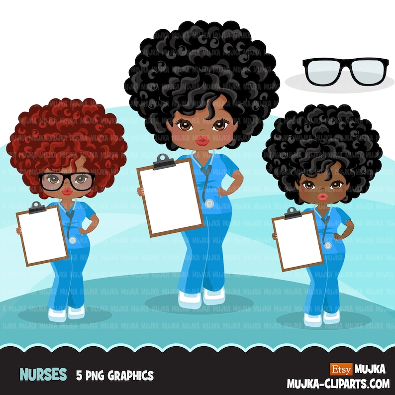 Afro woman nurse clipart with scrubs and patient chart African-American graphics, print and cut PNG T-Shirt Designs, Black Girls clip art image 1