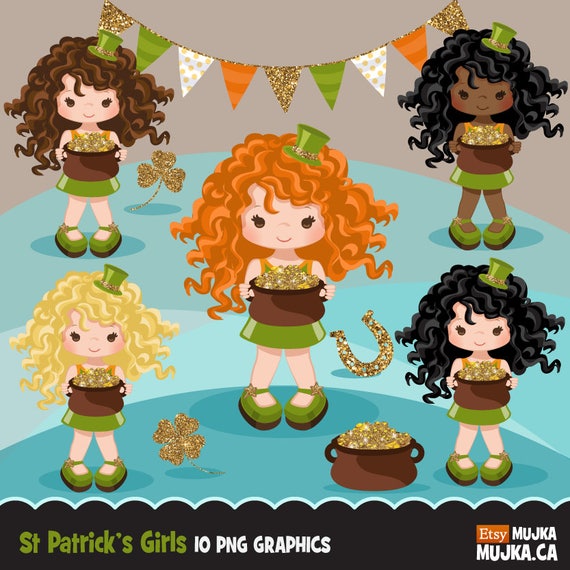 St. Patrick's day Clipart, Cute Irish Characters, graphics, clip art, illustration, planner stickers, scrapbook, embroidery, glitter Il_570xn